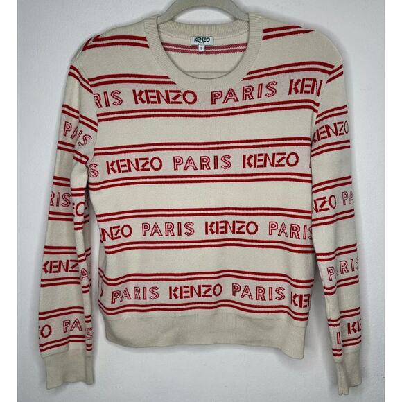 Kenzo Red & Tan Striped Woven Logo Knitted Sweater Long Sleeve Round Neck Small - Picture 4 of 13